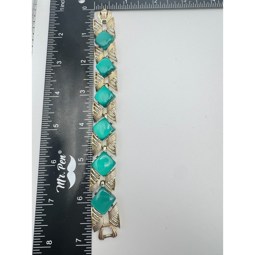 Vintage Coro Bracelet Green Thermoset Link Moonglow Lucite Gold Tone MCM 7" - Picture 5 of 7